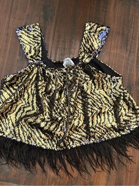 Gold and Black Sequin Tiger Print Tank Top with Feather Trim